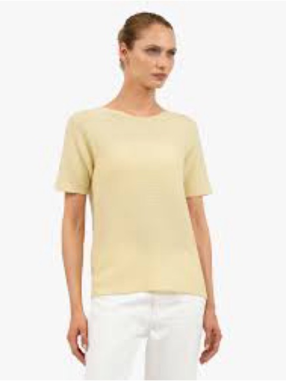 Appleseed's Soft Light Yellow Short-Sleeve Crewneck Wool Blend Top. MP